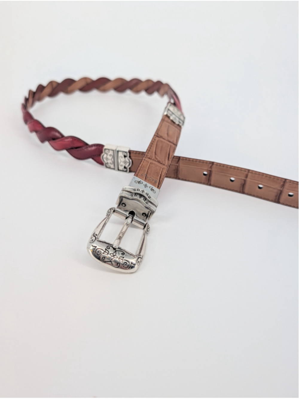 Vintage Brighton B40167 Reversible Red Brown Braided Croc Embossed Leather Belt - Picture 2 of 14